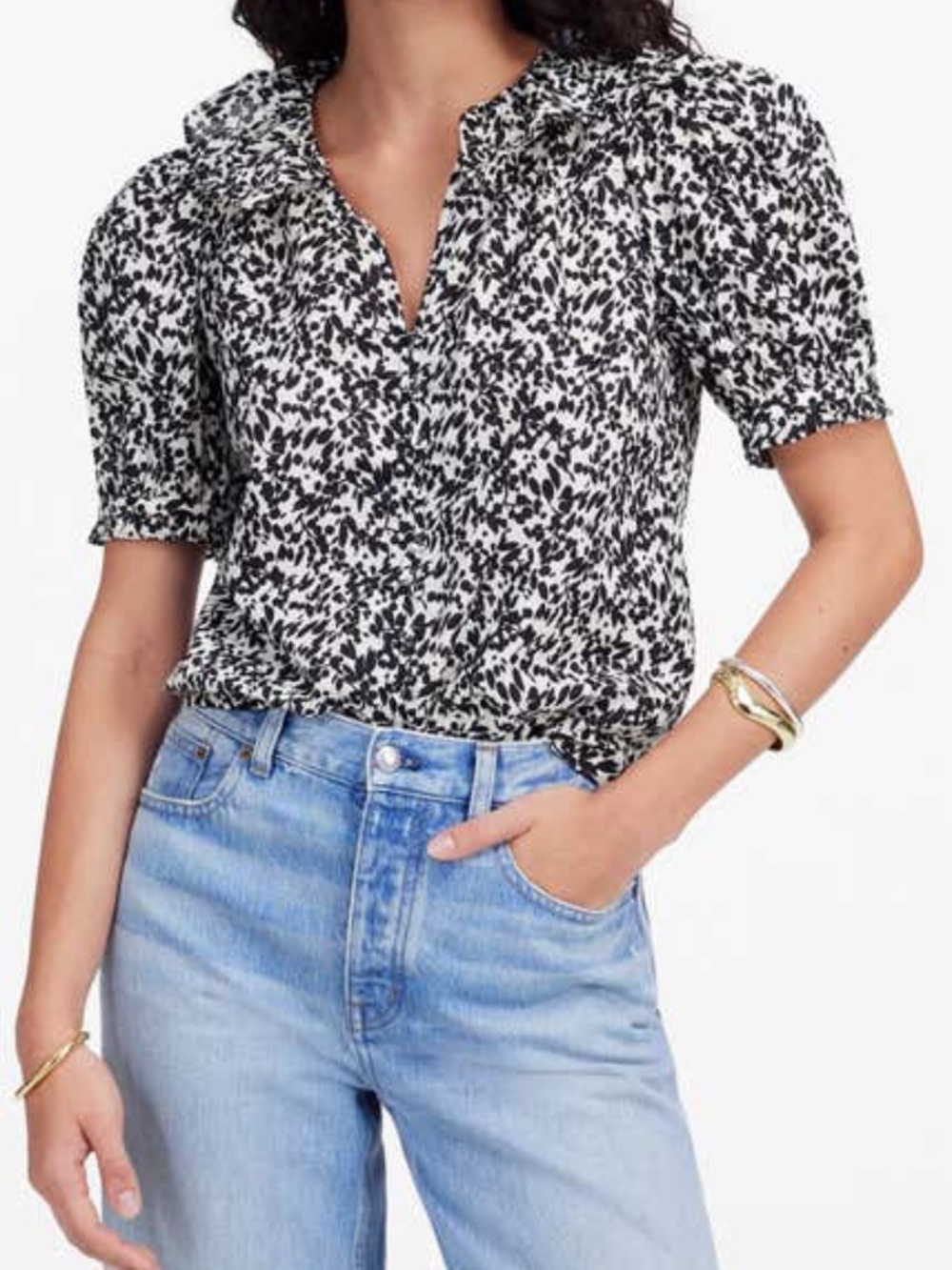 Madewell Ruffle Floral Button Front Top Black/Cream Medium